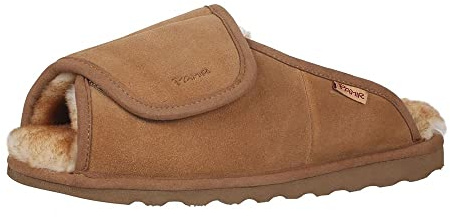 PAMIR Men's Adjustable Sheepskin House Slippers with Memory Foam Indoor Outdoor Open Toe Scuff Chestnut Size 10