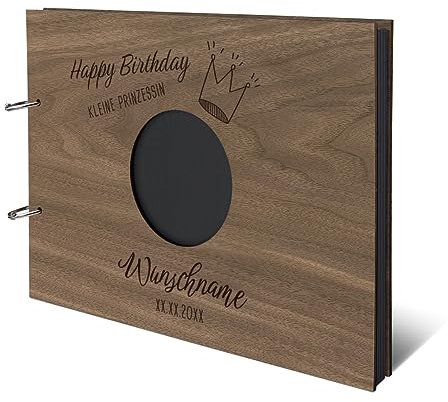 Personalisiertes Geburt Fotoalbum echtes Holz DIN A4 Erinnerungsbuch mit Lasergravur - kleine Prinzessin - mit 25 Blatt / 50 Seiten Fotokarton Schwarz