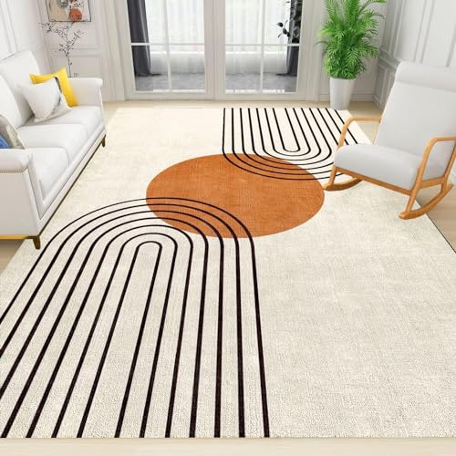 Wohnzimmerteppich mit geometrischen Sonnenlinien, Orange, abstrakte Mitte des Böhmischen Jahrhunderts, 160 x 230 cm, pflegeleicht, für den Innenbereich, umweltfreundlicher Teppich, Fußmatte für den
