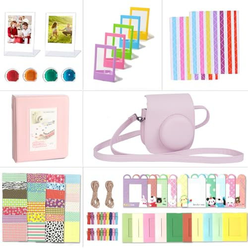 Riosin Accessoires compatibles avec l'appareil Photo pour Fujifilm Instax Mini 12, Comprenant Un Housse Mini 12, Un Album, Filtres, Cadres Muraux, Cadres de Film, Autocollant (Fleur Rose)