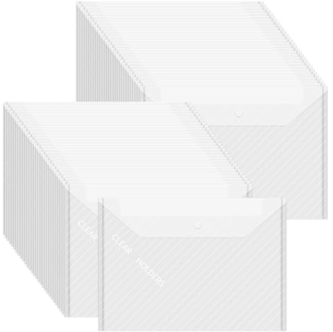 VIDETOL 60 Stück Dokumententasche A4 mit Druckknopf, Transparente Dokumentenmappe A4 zum Abheften, Größe 32,5 x 23 cm, Weiß, 300 Blätter Kapazität