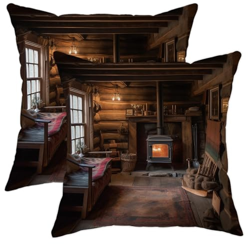 Log Cabin Throw Pillow Cover fireplaces Rustic Farmhouse Window Vintage Country Brown Velvet Decorative Set of 2 Bright Cushion Soft Patio Sofa Indoor Dorm Bedroom Pillow Cases 16x16inch