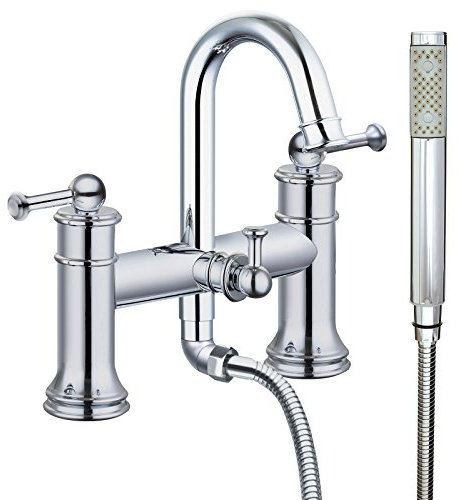 Spoutford Bath Filler Shower Head Mixer Bathroom Tap Hot or Cold Dual Lever Faucet Bathtub Chrome Plated Handheld Shower Head Attachment for Double Use Faucet Tap with High-Pressure Shower Function