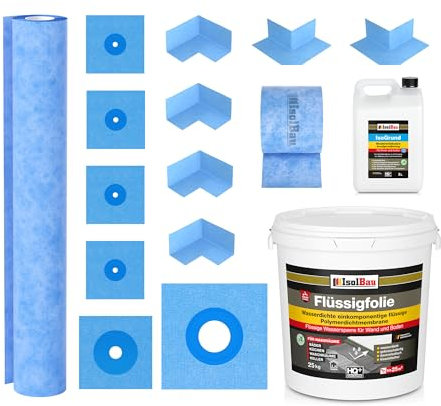 Isolbau Dichtset - Inkl. 1x Flüssigfolie (25 kg), 1x IsoGrund (5 L), 1x Dichtband (30 m), 1x Dichtbahn (10 m), 4x Innenecken, 2x Außenecken, 4x Manschetten 120 mm, 1x 150 mm & 1x 250 mm - MPA
