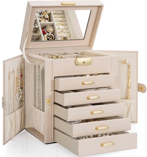 TORIBIO Große Schmuckschatulle für Damen, Leder-Schmuck-Organizer mit Spiegel und Schloss, 6-stöckige Schmuck-Aufbewahrungsbox für Mädchen/Frauen/Mütter, für Halsketten, Ohrringe, Armbänder, Halter
