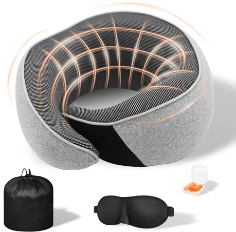Kizaten Nackenkissen Flugzeug,Nackenhörnchen Memory Foam,Verstellbares Nackenhörnchen für Erwachsene,Ideal für Reisen mit Flugzeug,Auto,mit OhrsTöpseln,Augenmaske,Tragetas