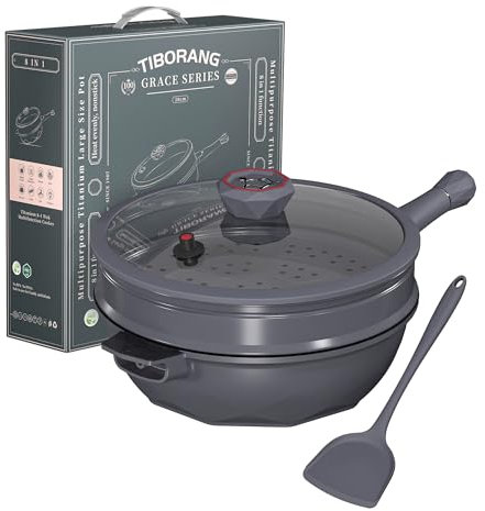 TIBORANG Nonstick Frying Pan, 5 Quart Large Wok, Deep Skillet With Lid, Stay-Cool Handle, Steamed Grid, PFOA-Free, Dishwasher & Oven Safe, Works With All Stovetops (Charcoal)