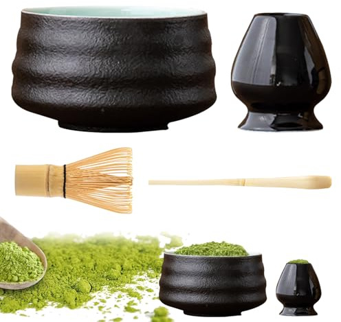 Juego de 4 batidores Matcha, juego de matcha de escoba, cuenco, cuchara y soporte para escoba, kit de regalo de cerámica Matcha hecho a mano para la preparación tradicional de té matcha (negro)