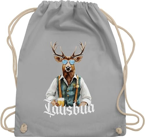Turnbeutel Rucksack - Kompatibel mit Oktoberfest Tasche - Lausbua Lausbub Schlawiner Lauser Hirsch - Unisize - Hellgrau - trachtenrucksack bayrische trachtentaschen bayrisch oktoberfest-tasche