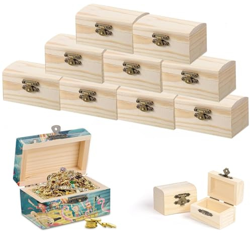 ARCPNRT 10-teilige Holzkiste Klein, Rechteckige Holzschatzkiste mit Deckel, für Geburtstags- und Piratenpartys, Geschenke