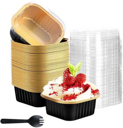 Hniuyun 50 Pack 180ml Mini Loaf Pans with Lids and Spoons, Square Cupcake Liners Brownie Baking Cups, Aluminum Foil Baking Pans for Cake, Bread, Holiday Goods Packaging
