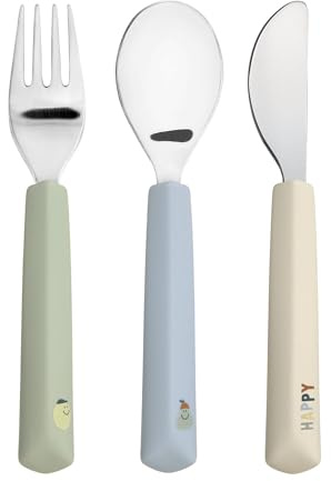 LÄSSIG Set di posate per bambini 3 pezzi forchetta, cucchiaio, coltello in acciaio inox con manico in silicone/Cutlery with Silicone Handle Happy Fruits Lemon