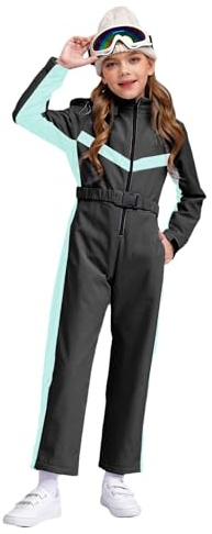 Runqhui - Mono de esquí unisex para niño, forro polar con capucha, con cremallera, impermeable, cálido, invierno, deporte, Negro , 13-14 Años