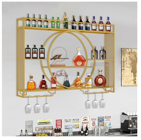 ZYYLIVR Botellero Industrial Montado En La Pared, Botellero Vino Pared Para Vinoteca, Estante De Vino De Pared Con Luz LED, Soporte Para Botellas De Metal, Para Cocina Bodega Bar(Gold,100 * 15 * 80)
