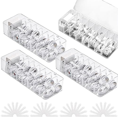 AHAQU 4PCS Cable Storage Box, 8 Grids Clear Cable Tidy Box, Acrylic Cable Organizer Box with Lid, Cable Management Box with 40 Cable Ties for Office, Home, Accessories Storage