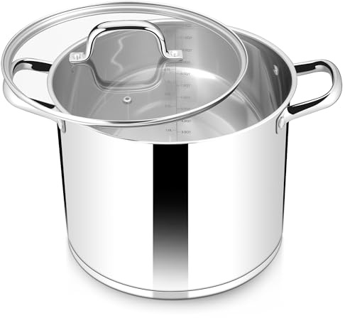Herogo 11.6L Stock Pot, Stainless Steel Soup Pot with Clear Visible Lid, 26cm Food Grade Induction Stockpot for Soup, Tri-Ply Bottom for All Stoves, Large Capacity for Cooking, U-shaped Handle, Silver