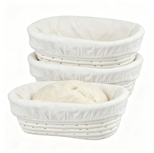 KOHAND Confezione da 3 cestini per lievitazione pane da 25 cm, cestini ovali per lievitazione lievitazione con fodera in lino, per panettieri professionali domestici