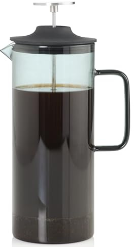 AdHoc Impact French Press Coffee Maker, 1L Cafetiere with Heat Resistant Borosilicate Glass, Stainless Steel Filter, Airtight Lid