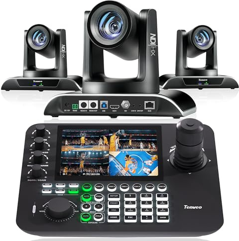 Tenveo NDI PTZ Camera AI Auto Tracking SDI/HDMI/USB3.0/LAN(PoE) 30X Optical+ 8X Digital Zoom(*3) and 7'' LCD Quad-Screen NDI PTZ Joystick Controller Bundle for Church Service Worship Live Broadcasts
