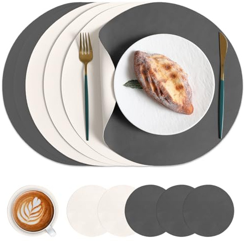 HAGOT 6PCS Tischsets Leder und Untersetzer, Tischsets Abwaschbar Rund Doppelseitigen, rutschfest Platzdeckchen Leder, Grau + Beige
