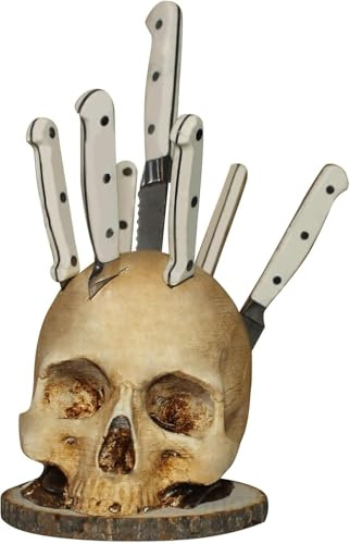 Porte-couteaux tête de mort, bloc à couteaux gothique en résine avec motif d'homme poignardé, décoration effrayante pour fruits, pour Halloween et décoration de fête effrayante.
