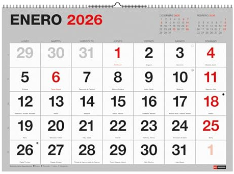 Miquelrius - 2026 grundläggande väggkalender, årlig organisatör 590 x 420 mm, med plats att kommentera, stora siffror, dubbel spiralbindning, planerare 12 månader XL, spansk