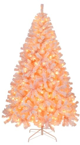 Outopee 6ft Pink Artificial Christmas Tree with DIY 100 Warm Lights | Xmas Tree, 750 PVC Branch Tips, Foldable Metal Stand, Battery Operated, Xmas Holiday Party Decoration for Home Office Shop