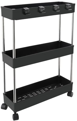Zosenyer Rollwagen, 3 Ebenen Regal Küchenrollwagen, Bastelwagen auf Rollen für Küche, Büro, Bad, Kosmetikwagen, Badregal Schmal 13 cm, mit 6 Haken Kleiner Nischenwagen (Schwarz)
