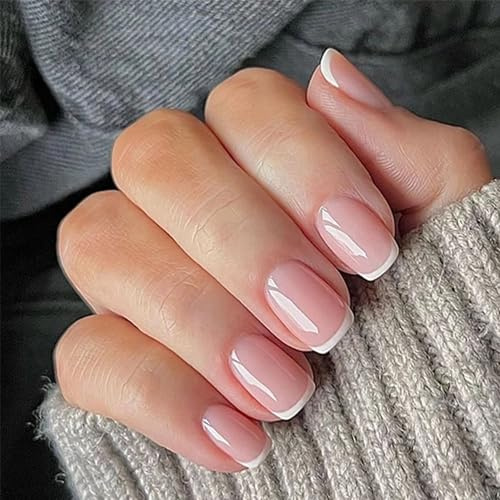 24 Stück künstliche Nägel,Natürliche Nude Kurze Französische Fake-Nägel zum Aufkleben, Bequem & Langlebig mit Kleber & Gel-Kleber, Einfach Anzuwenden