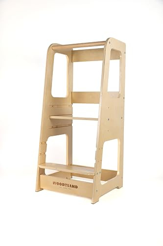 WOODYLAND Torre montessoriana Live, Scala bambini con protezioni laterali, Regolabile In Altezza, in Legno vero, 40 x 39,5 x 90 cm, 7 kg (Legno naturale)
