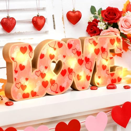 Leinuosen Lighted Valentines Day Table Decoration Wooden Love Decor for Bedroom Sign LED Marquee Sign Battery Powered Letter Light for Office Home Wall and Table Valentines Day Wedding Decorations