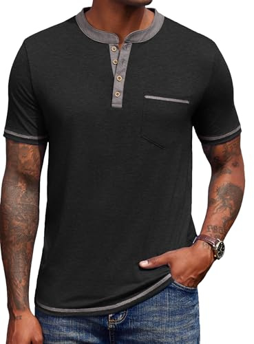 COOFANDY Camicia Henley a Maniche Corte da Uomo Henley Shirt Estiva Casual T-Shirt Maglietta con Tasca Nero XXL