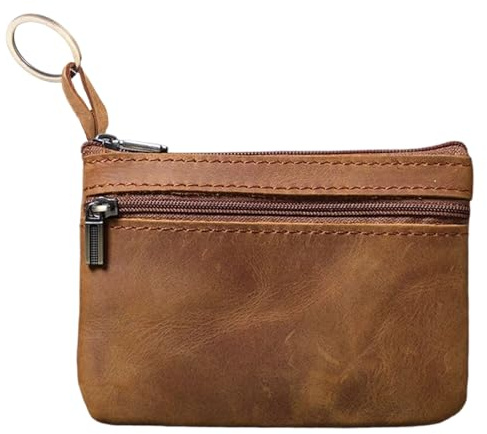 Leder Auto-Schlüssel Herren Schlüsseletui, Münzen Geldbörse, Vintage Geldsäckchen, Reißverschluss Aufbewahrungstasche Münze Organizer, Braun