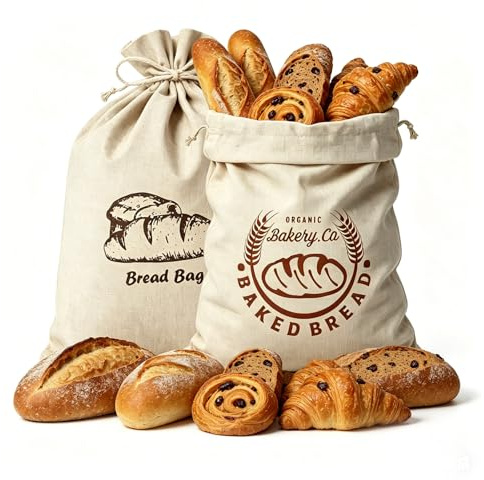Quelcc Brotbeutel Leinen 2er Set 30x40cm – Wiederverwendbare Brottaschen mit Kordelzug – Hält Brot länger frisch – Ungebleichter Stoffbeutel für Brot & Gebäck