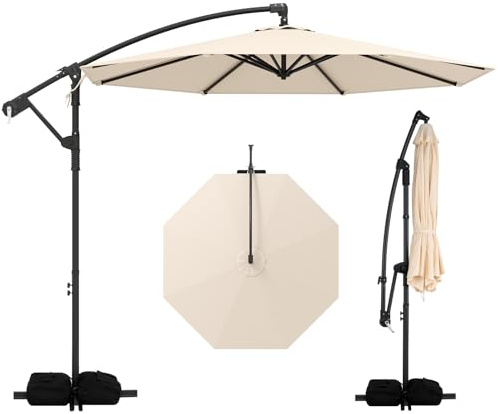 COSTWAY Ombrellone da Giardino 300 cm, 8 Stecche, Manovella, Anti-UV, Tettuccio Girevole Ventilato, Impermeabile, per Giardino Balcone Esterno (Beige, 2 Sacchi di Sabbia/0 Luce/300 cm)