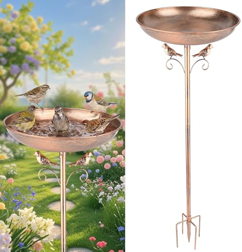 Bac à Oiseaux Debout Hivernal en Métal pour Jardin et Balcon, Grand Bain d’Oiseaux avec Base Stable à 5 Pointes, Résistant au Gel, Abreuvoir et Mangeoire pour Oiseaux Sauvages, Hauteur 30-103cm