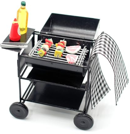 Mini grill all'aperto, fornello a griglia in scala 1:12, utensili da cucina in miniatura con cibo per barbecue per casa delle bambole