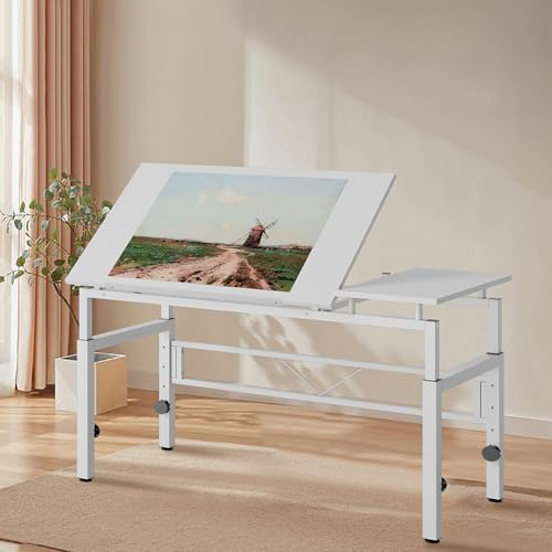 phosir Zeichentisch Weiß – höhenverstellbar 77-100 cm, neigbar 0-60°, 4 Nivellierfüße – Arbeitstisch für Büro, Studium, Zeichensaal