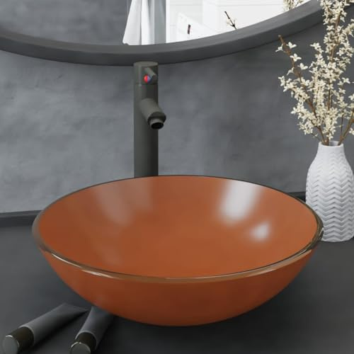 QUAHEAS runt badrumshandfat i härdat glas med kran och popup avloppsarmatur brun 42 cm diameter, ettgreppsblandare, lämplig för gäster, WC och tvättställ
