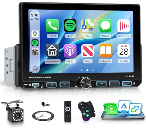 Hodozzy Radio Coche 1 DIN con CarPlay Android Auto Inalámbrico, Pantalla Táctil IPS 7 Pulgadas Estereo Coche con Bluetooth, Radio Am/FM/RDS, EQ, Mirror Link, Control en Volante, USB/Tipo C+ Cámara