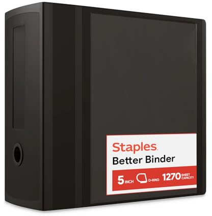 Staples Better Binder, 5 D-Ring, Black – Heavy-Duty 3-Ring Binder with Reinforced Spine, Holds 1050 Sheets for High-Capacity Storage