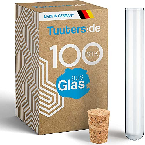Tuuters 100 Stück Glas Reagenzgläser mit Korken (100 x Ø16mm) Glasröhrchen | 1,6 cm Durchmesser Reagenzglas mit Kork Verschluss, Gläser für Gewürze, Geldgeschenke, DIY, Blumen, Gastgeschenke Hochzeit