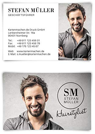100 x Visitenkarten individuell mit Ihrem Inhalt 300g/qm Papier 85 x 55 mm - Stylist mit eigenem Foto