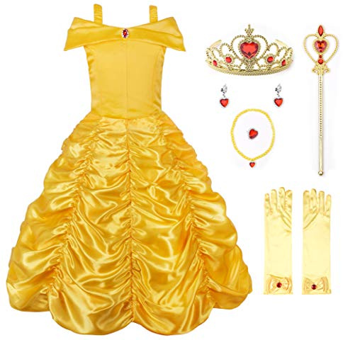 JerrisApparel Disfraz Princesa Niña Vestido Carnaval Navidad Fiesta (Etiqueta 150, Amarillo con Accesorios)
