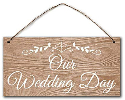 BESTWD Our Wedding Day Sign, Rustic Wedding Sign, 5 x 10 Sign, Light Wood Grain with Decorative Leaves, Wedding Chair Sign