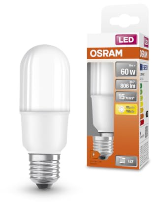 OSRAM LED Lampe mit E27 Sockel, Warmweiss (2700K), Stabform, 8W, Ersatz für 60W-Glühbirne, matt, LED STAR STICK, Warmweiß