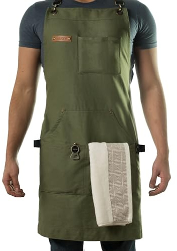 Asaya Chef & BBQ Apron with Pockets - Cross Back Canvas Cooking Apron for Women and Men, Adjustable Work & Grilling Aprons with Pocket, Bottle Opener and Hand Towel, 10oz Cotton Canvas (Green)