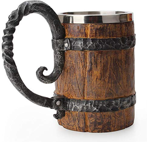 Boccale di Birra in Legno con Manico Tazza da Birra a Doppia Parete Foderato in Acciaio Inossidabile Bicchiere Birra per Festa,Casa,Bar 500ml