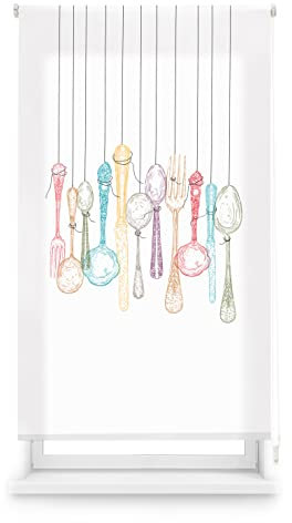 Blindecor Digital Cocina | Estor Enrollable Translúcido con Estampado Impresión Digital | Modelo Cutlery | 90 x 180 cm (Ancho por Alto) Tamaño de la Tela 87 x 175 cm | Estores para Ventanas