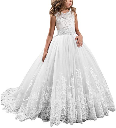 Princess Lilac Long Girls Pageant Dresses Kids Prom Puffy Tulle Ball Gown (White, 8-9)